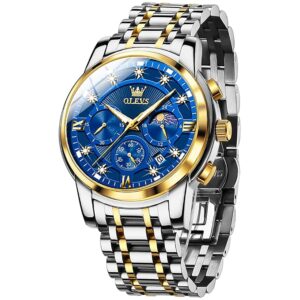 OLEVS Mens Watches Chronograph Diamond Quartz Date Calendar Moon Phase Luxury Two Tone Stainless Steel Waterproof Luminous Business Wrist Watch
